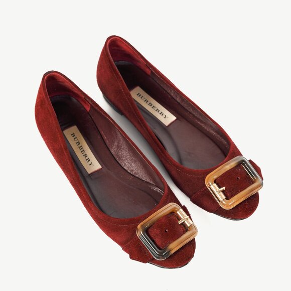 Burberry Leygreen Mahogany Red Suede Trench Buckle Ballerina Flats - Picture 1 of 13